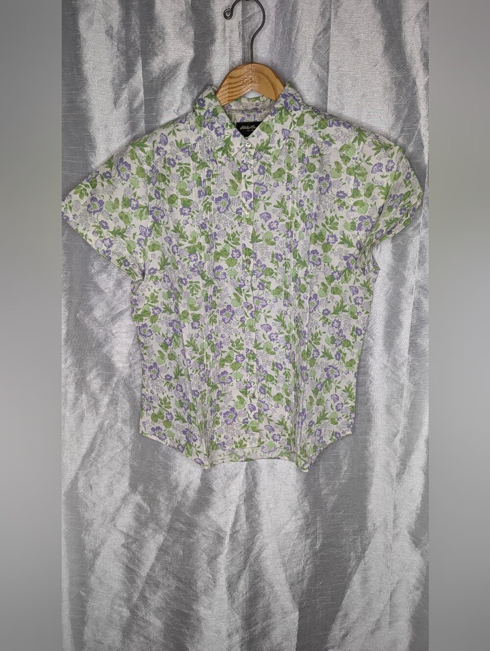 Eddie Bauer Floral Collared Button-Up Woven Cotton Short Sleeve Shirt L White